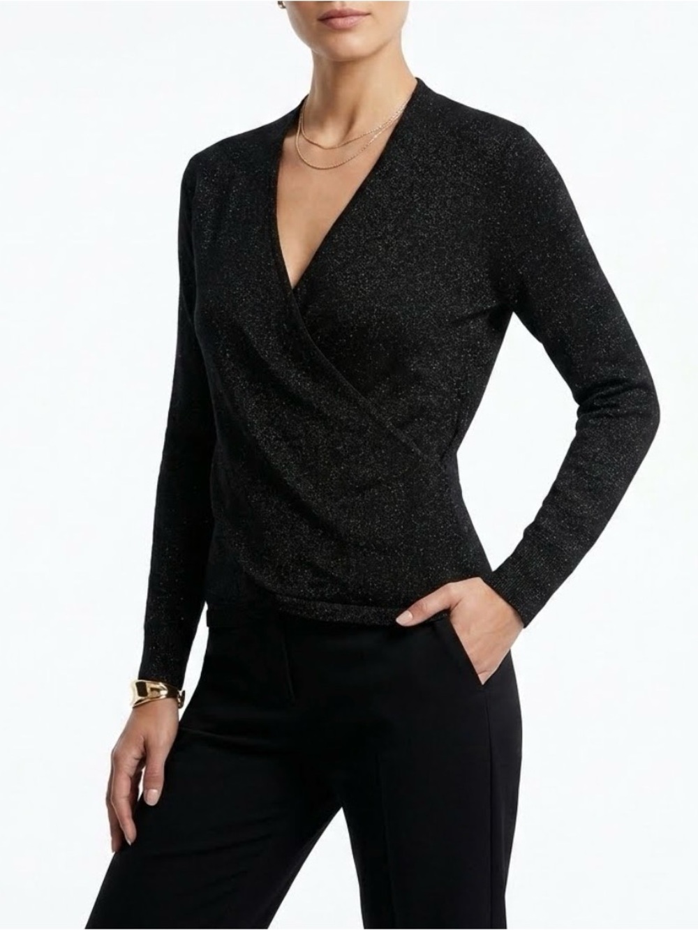 Jones New York Black Metallic Shimmer Faux Wrap Knit Sweater Top Petite Medium